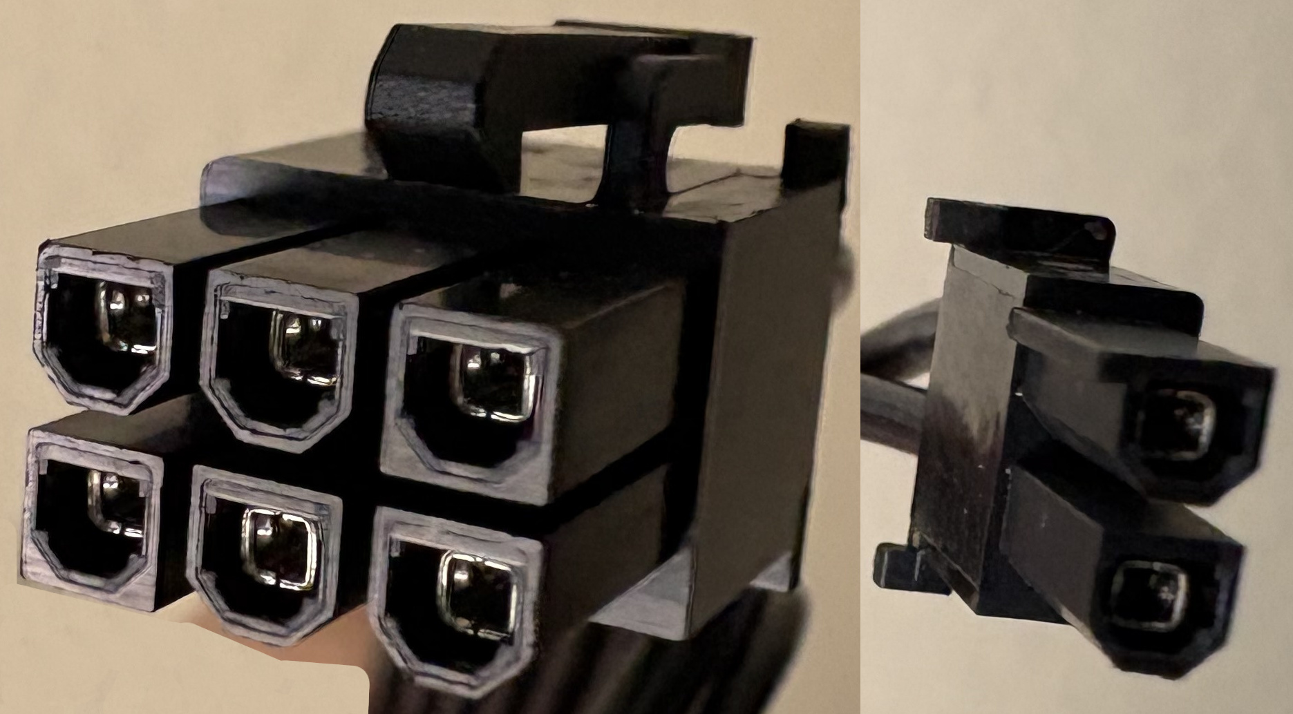 6ピンの横に分離できる2ピンが付いたPCIeのGPU補助電源8ピンコネクターの実物写真
