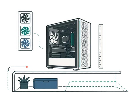 PCケースの色や大きさと設置場所を考えるイラスト