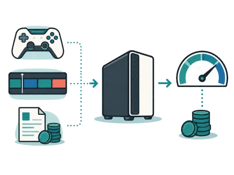ゲーム、動画編集、仕事と性能配分を表すイラスト