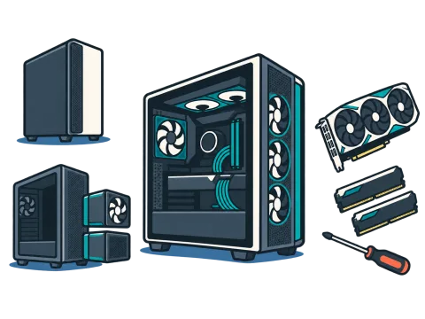 完成品PCと自作PCの構成を見比べるイラスト