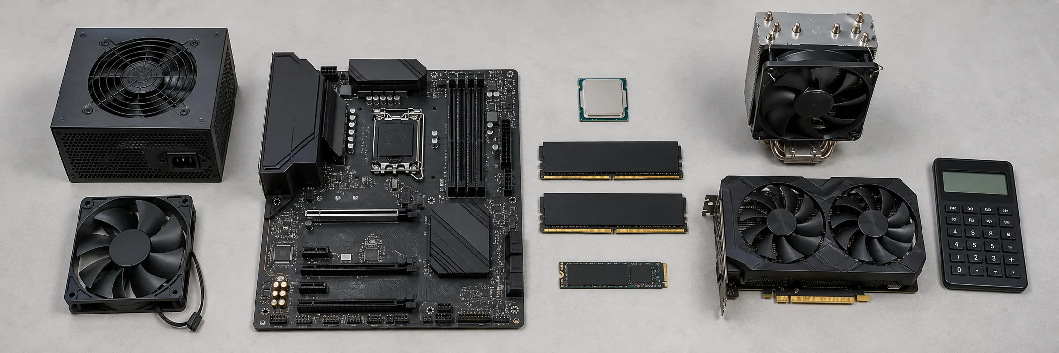 CPU、GPU、メモリ、SSD、マザーボード、電源、冷却部品と計算機を並べた様子