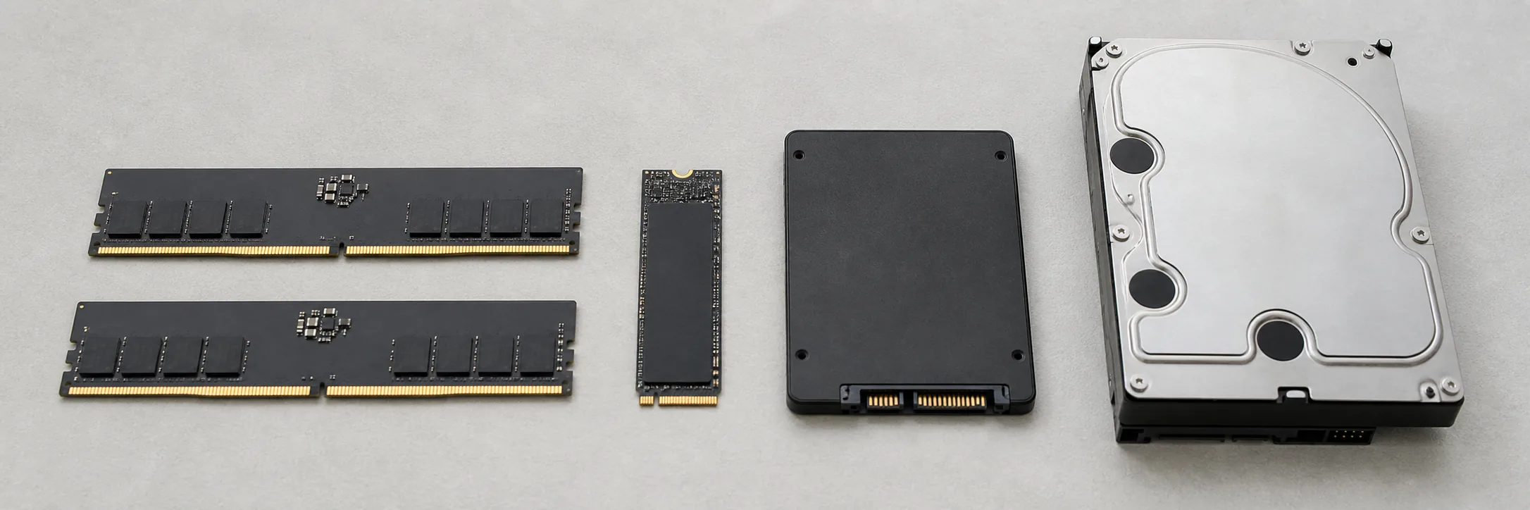 デスクトップ用メモリ、M.2 SSD、2.5インチSSD、3.5インチHDDを並べた様子