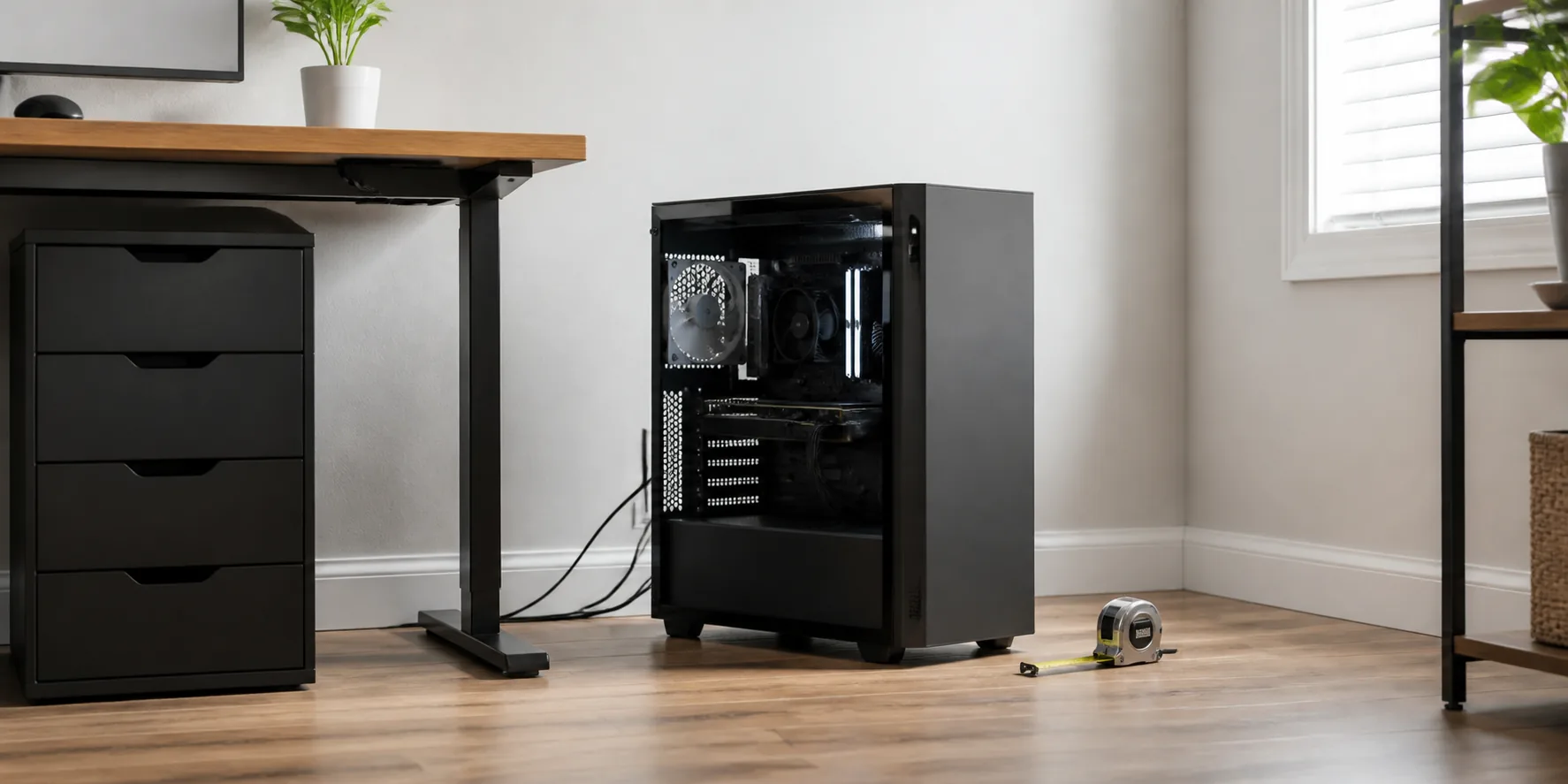 デスク横に空間をあけて置いたPCケースと採寸用のメジャー