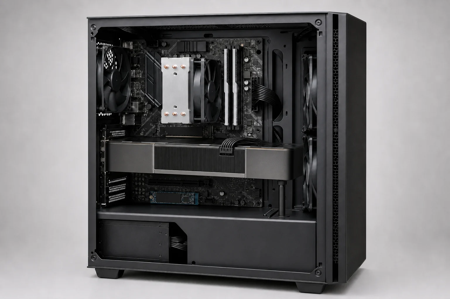 大型グラフィックボードを搭載したATXデスクトップPC内部