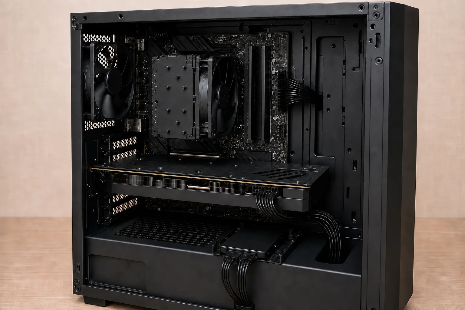 ATXマザーボード、大型GPU、空冷CPUクーラー、電源配線を収めたミドルタワーPCケース内部の写真