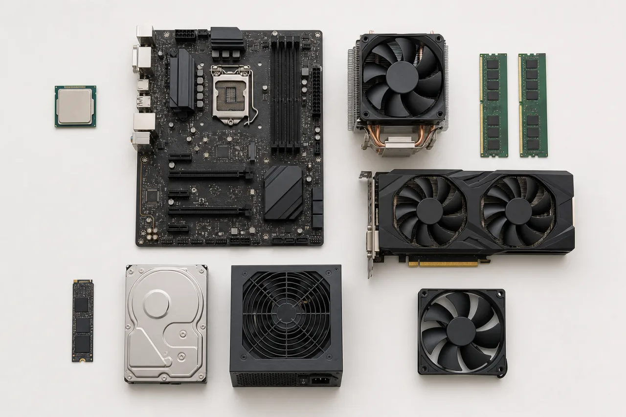 CPU、ATXマザーボード、CPUクーラー、メモリ、M.2 SSD、HDD、GPU、電源、ケースファンを並べた自作PCパーツ
