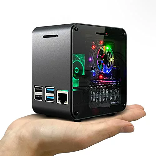 Raspbry Pi 4ケース アルミミニタワーケース 冷却ファンと色が変わるアンビエントライトマットブラック&ダークグレー