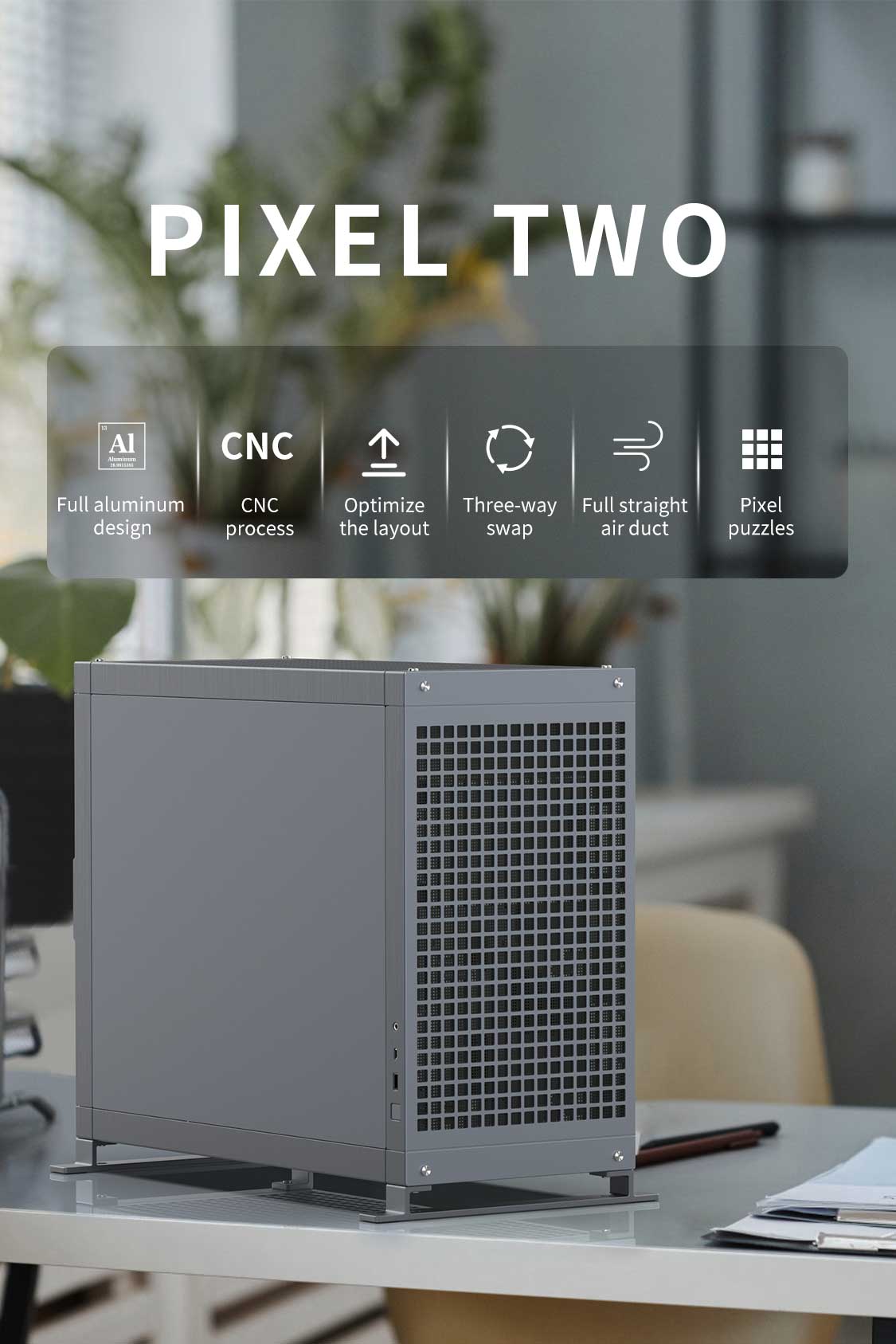 Abee PIXEL TWO アビー グレー シルバー アルミ アルミニウム アルマイト処理 サンドブラスト ヘアライン ガラス ガラスカバー ATX E-ATX EEB DIY 簡易水冷対応 ATX電源 スリー レイアウト