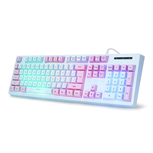 HUO JI CK608 ゲーミングキーボード 有線 赤軸 メカニカル 英語配列 静音 高速応答 レインボーLEDバックライト パソコンキーボード Windows/Mac/PS5対応 (ブルー, 104キー)