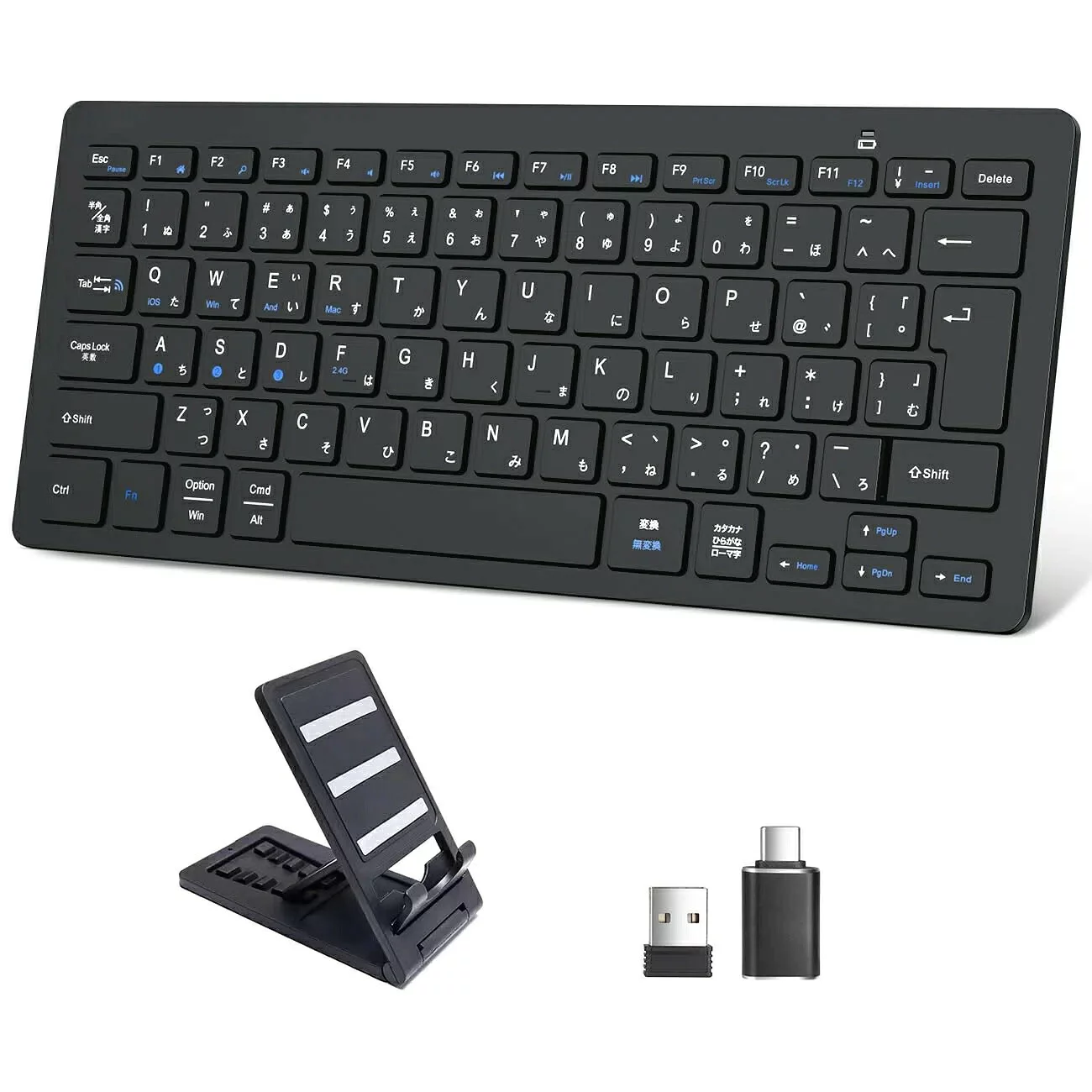 キーボード ワイヤレスJIS日本語配列 小型タブレット パソコン スマホ 4台デバイス自由に切替えブルートゥース パンタグラフ テンキーレス 薄型 軽量 スタンド付き 2.4GHz レシーバー付属 Type-C変換アダプタ付き ブラック