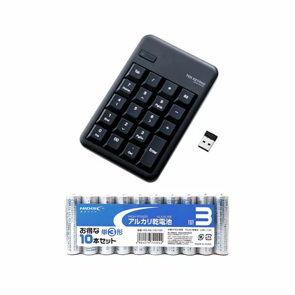 エレコム 【個数：1個】TK-TDM017BK+HDLR6/1.5V10P 直送 代引不可・他メーカー同梱不可 エレコム ワイヤレステンキーボード Mサイズ メンブレン 高耐久 ブラック ＋ アルカリ乾電池 単3形10本パックセット TKTDM017BK+HDLR6/1.5V10P