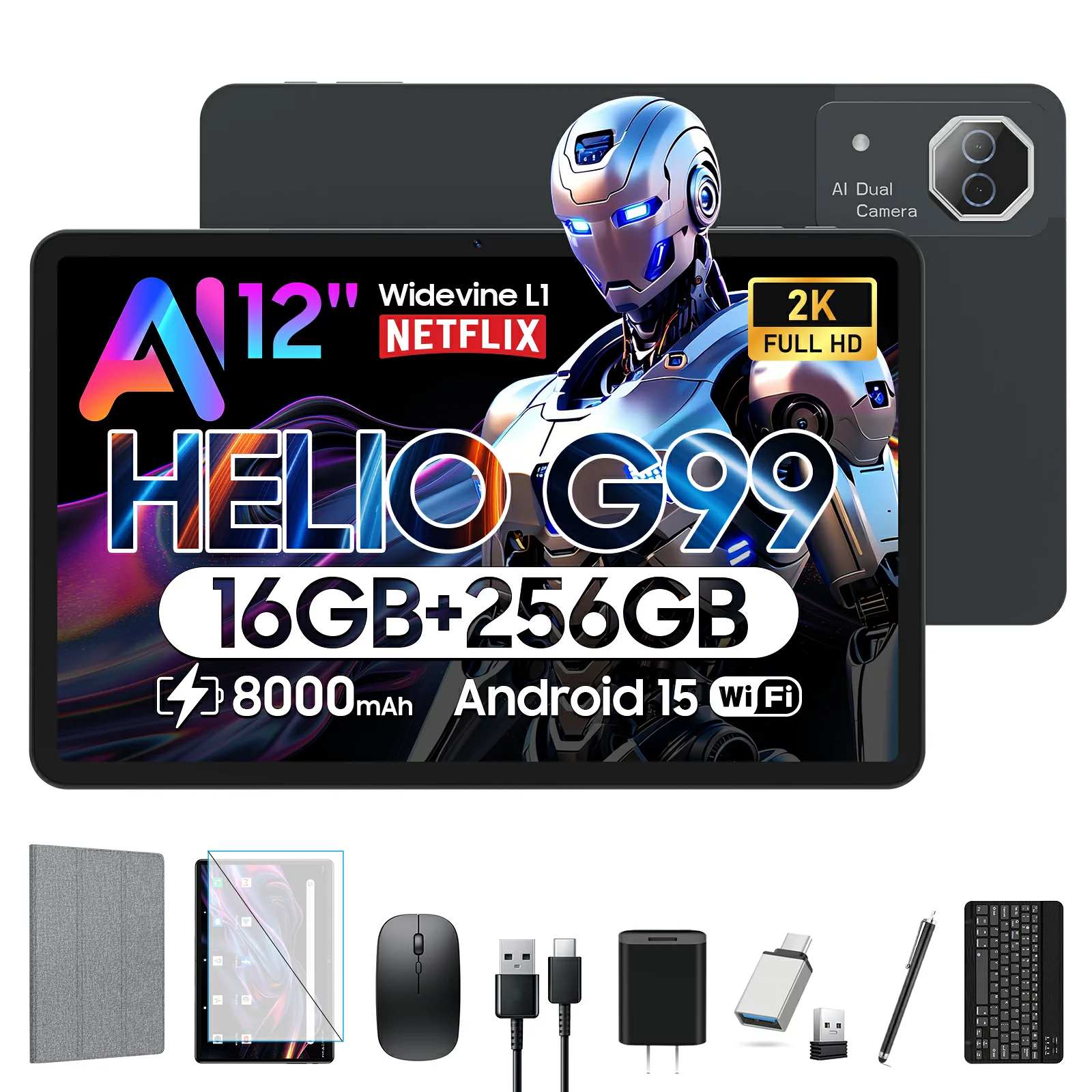 【新品限定24999円】タブレット12インチ Android 15 タブレット G99高性能CPU 2K IPS大画面 AI機能16GBRAM+256GBROM+1TB 拡張 8000mAh+PD18W 急速充電Widevine L1対応-13MP+8MPカメラ GMS/5G WiFi/BT5.0/GPS/FM/OTG/無線投影/分割画面/日本語説明書グレー