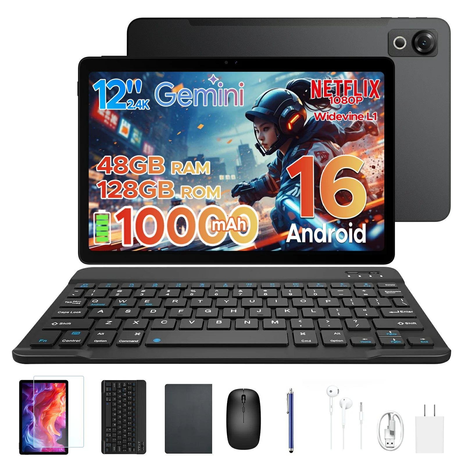 Gemini 【新店OPEN 限定50%オフ・6点セット付き】POCKAM P12 Android16 タブレット 12インチ 2.4K 120Hz Gemini AI対応 8コアCPU 48GB RAM+128GB ROM 2TB拡張 10000mAh Widevine L1 Netflix対応 顔認証 キーボード ケース フィルム付き