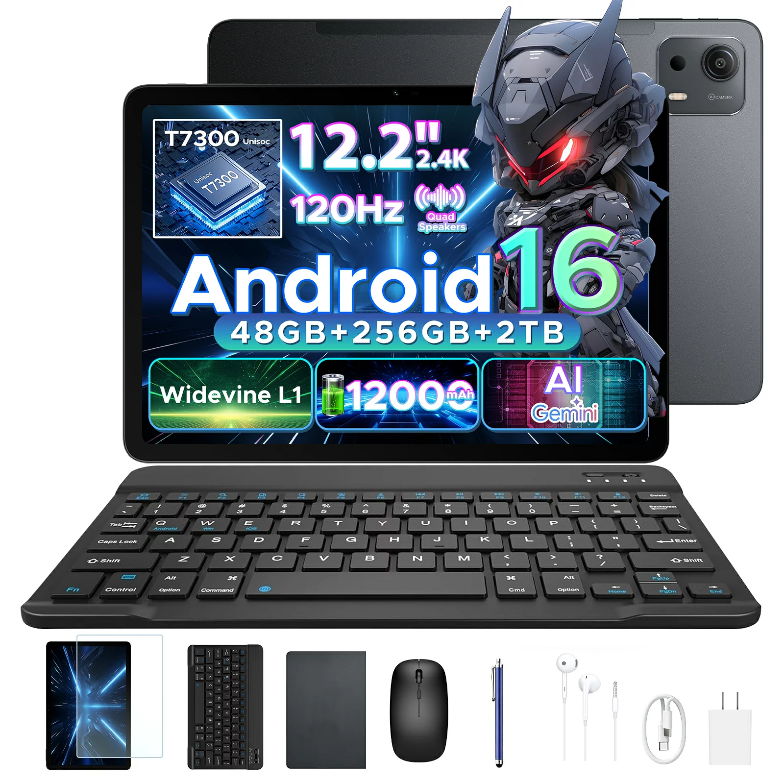 Gemini [限定45%オフ+5倍P円オフ6部品付属】Aorlym P12 Plus 12インチタブレット Android 16、12000mAh/18W、T7300 オクタコア、2.4K 120Hz、48GB RAM+256GB ROM/2TB TF、5G・Wi-Fi、8MP+13MP、Gemini AI、Face ID、OTG、キーボードとペン付属のタブレット