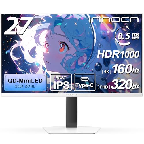 innocn 【Amazon.co.jp限定】INNOCN MiniLED 4k モニター 32インチ ゲーミングモニター 4K＠160Hz/フルHD＠320Hz切り替え デュアルモニター ホワイト 0.5ms MPCS 非光沢 広色域 無輝点保証対応 (QD量子ドット/HDR1000/HDMI 2.1×2/DP 1.4×2/USBハブ/Type-C 給電/VESA対応/スピーカー/高さ調整) GA32V1M