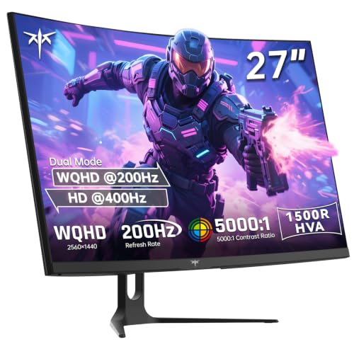 KTC 27インチ 1440p 200Hz 湾曲ゲーミングモニター WQHD 200Hz / HD 400Hz デュアルモード 1500R PCモニター アダプティブ同期 5000:1コントラスト HDR HDMI/DisplayPort対応 VESA対応 H27S5