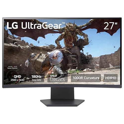 LG 27GS60QC-B ウルトラギア 27インチ カーブ ゲーミングモニター QHD (2560x1440) 180Hz 1ms 1000R AMD FreeSync HDR10 HDMIx2 DisplayPort ボーダーレスデザイン ブラック スタビライザー DAS クロスヘア FPS カウンター - ブラック 27GS60QC-B.AUSQ