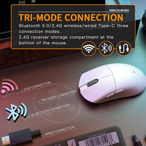 Darmoshark M3 Pro ワイヤレスゲーミングマウス、トライモード2.4G/USB-C/Bluetoothマウス最大26KDPI、PAW3395光学センサー軽量55g、8つのプログラム可能なボタン500mAhバッテリー寿命、ノートパソコン用コンピュータマウス(W)