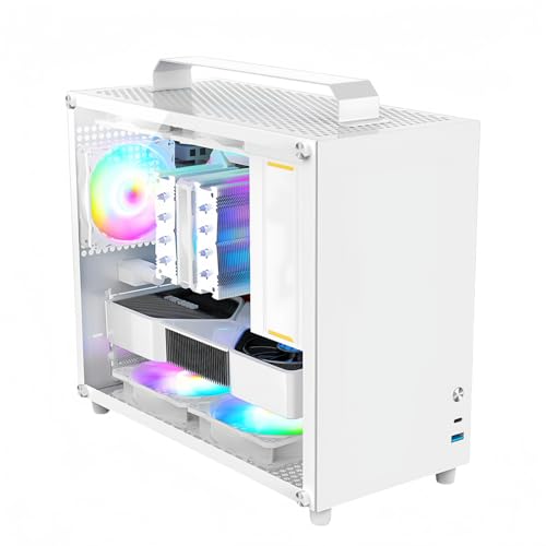 Quxxuol ゲーミング コンピュータパーツ ミニモニター ハンドル付き 持ち運びに便利 透明強化ガラス 換気と放熱 多用途 多様な適応 (ホワイト)