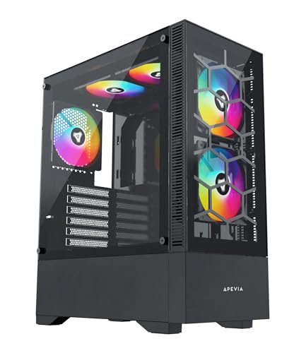 LyxosVee Apevia Eclipse-BK エクリプス ミッドタワー ゲーミング 5X 120mm ARGBファン付き 366 RGBライトモード ミニマルハニカムデザイン 強化ガラス製フロント&サイドパネル USB3.0 x 1 USB2.0 x