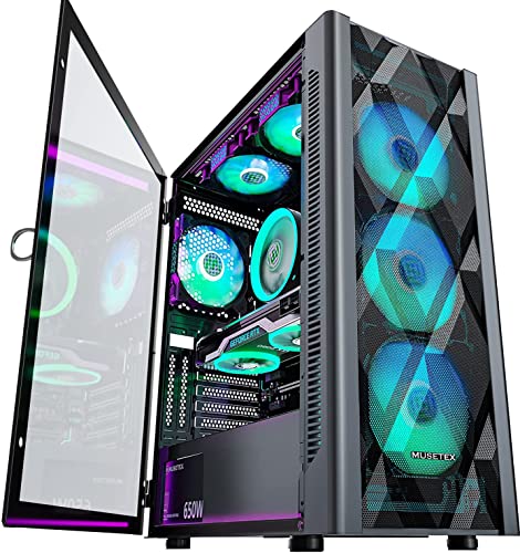 MUSETEX ATX 6 PWM ARGBファンをプレインストール、ポリゴンメッシュコンピュータゲーム 、オープニング強化ガラスサイドパネルミッドタワー 、USB 3.0 x 2、ブラック、NN8