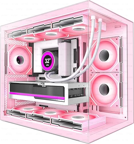 HYXN H3 HYXN ATX - インフィニティミラーPWM ARGBファン6個付き - コンパクトなデュアルキャビティミッドタワーPCゲーム - Type-C 3.2-360mmラジエーターサポート付き、ピンク