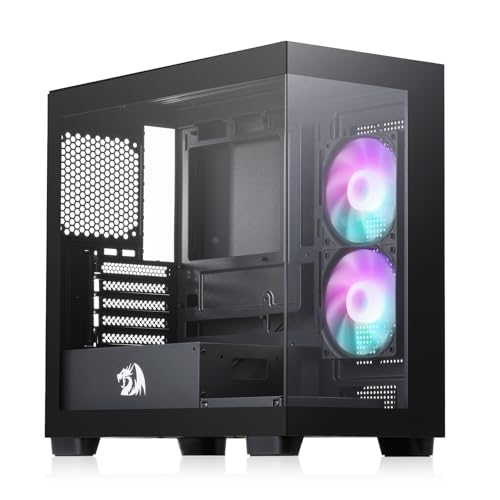 REDRAGON GC218M ゲーミングバックマウント M-ATX コンピューターシャーシ 120mmファン2個付き & 高通気孔パネル 270°フルビュー ケーブル管理 ブラック