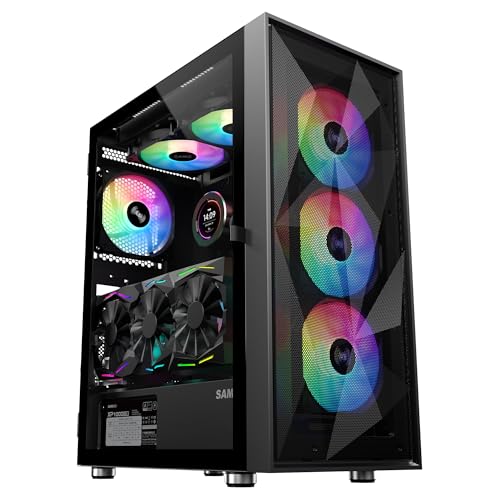SAMA 3509 ブラック ATX ミッドタワー – スチールメッシュのフロント、ヒンジ付き強化ガラス製サイドパネル、ARGBファン4個がプリインストール済み、USB 3.0×2、360mm AIOリキッドクーラーサポート