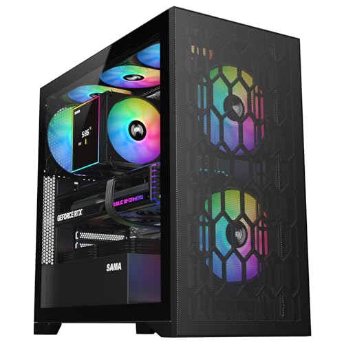 SAMA Vメッシュミッドタワー - 高エアフローPCゲーム メッシュフロントパネル&強化ガラスサイドパネル、3x140mm ARGB PWMファンプリインストール、ATX/M-ATX/ITX対応 - ブラック