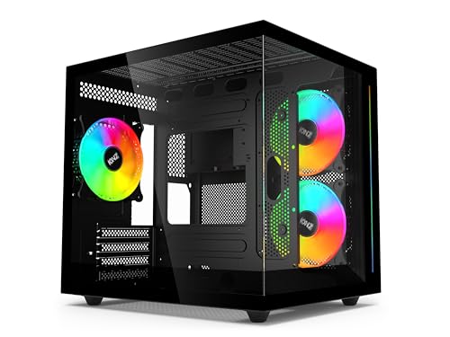 ionz PCゲーム M-ATX | 強化ガラス製デュアルダイナミックミニライト | 120mm ARGBファン3個付属 - ブラック