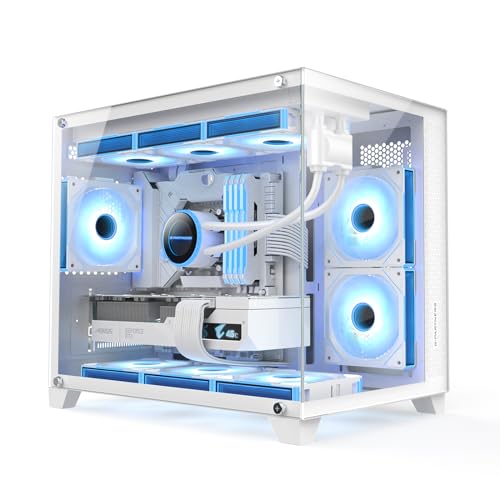 GOPIE マイクロATX X03 ホワイト ミッドタワー コンピューターシャーシ 270°パノラマ強化ガラス ゲーミングデスクトップ PCホスティング 360mm RAD対応 MATX/ITX Mobo対応 ファンは含まれません