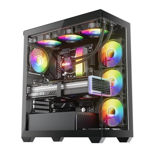 Sevenhero EL2 Gaming ATX ミッドタワー PCコンピュータ 5つのARGBファンが事前に取り付けられている 360mm AIO Liquid Cooler対応 400mm GPU対応 パノラマ強化ガラス コラムレス - ブラック