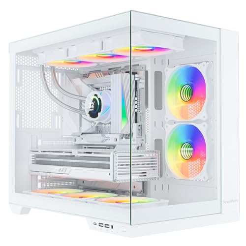 Sevenhero H602 ATX ARGB高エアフローファン5個付き ミッドタワーゲーミングコンピュータ パノラマ強化ガラス デュアルチャンバー設計 Type-C 360mm AIOクーラー対応 400mm GPU 200mm PSU ホワイト