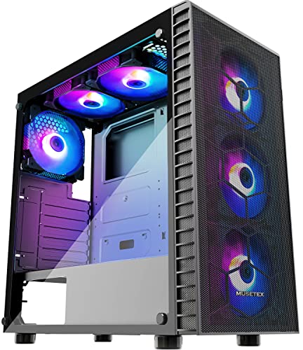 MUSETEX ATX ARGBファン6個 USB 3.0ミッドタワー ゲーミング 強化ガラスサイドパネルメッシュコンピュータ G05N6-BW