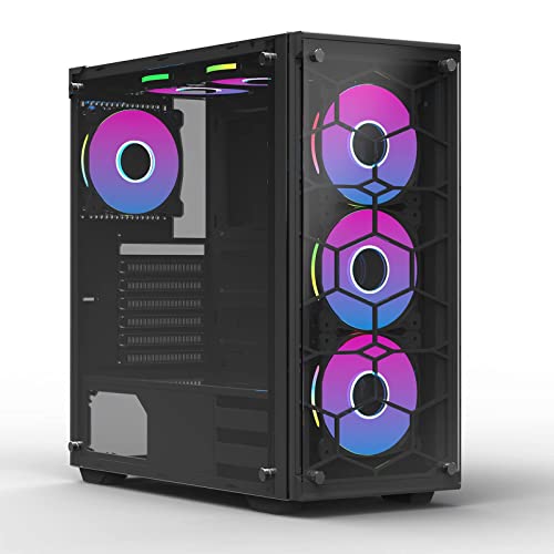 GMANI ATX ミッドタワー コンピューターゲーム 強化ガラスサイド&フロントパネル付き カラースイッチ ボタンコンピュータシャーシ USB 3.0(ブラック)