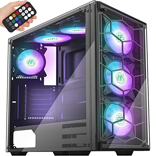 MUSETEX ATX ミッドタワー 907 ファントム ブラック 6 ARGB ファン USB3.0 ハニカムエアフロー ミュージックリモコン 2 強化ガラスパネル ゲーミング コンピューターシャーシ