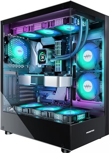 MUSETEX ATX 6 PWM ARGB ファンがプリインストール済み、Type-C ミッドタワー フルビューデュアル強化ガラス、ゲーミング 、ブラック(K2)