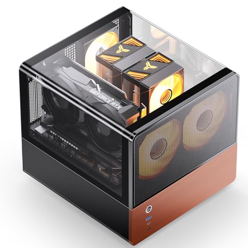 JONSBO V12 ブラック マイクロATX ミッドタワー 、双曲面ガラスデスクトップデザイン、分離キャビネット構造、ウォールナットウッド、MATXデスクトップコンピューターシャーシ、GPU<260mm、ATX PSU、フロント120mm x 2(内蔵
