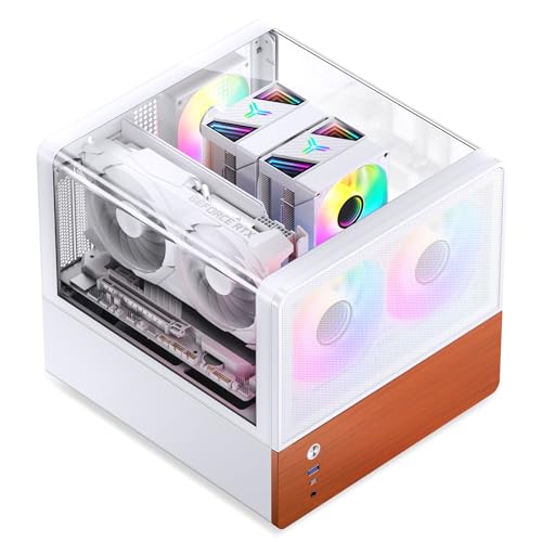 JONSBO V12 ホワイト マイクロATX ミッドタワー 、双曲面ガラスデスクトップデザイン、分離キャビネット構造、ウォールナットウッド、MATXデスクトップコンピューターシャーシ、GPU<260mm、ATX PSU、フロント120mm x 2(内蔵