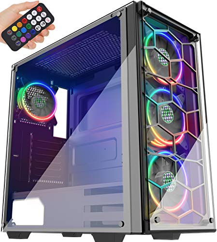 MUSETEX ATX ミッドタワーシャーシ 4 RGBファン プリインストール済みUSB 3.0 音声リモートコントロール& 2 半透明強化ガラスパネル きちんとしたケーブル管理/エアフローゲーム コンピュータ (907-MS4)