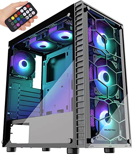 MUSETEX ATXコンピューターゲーム 120mm ARGBファン6個 ミッドタワー ファントムブラック 強化ガラスコンピュータシャーシ 2個 USB 3.0 ブラック (G05MN6-HB-10)