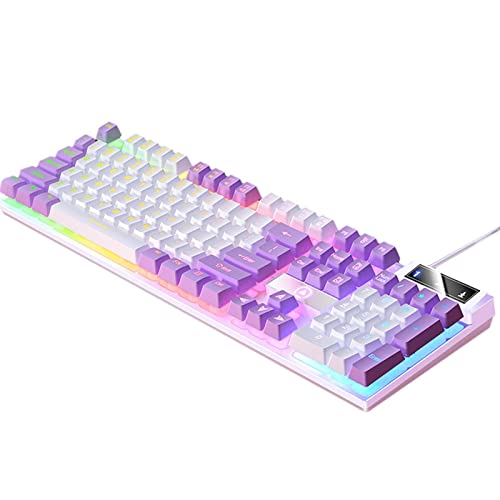 predolo メカニカルゲーミングキーボード RGB バックライト USB 快適なマルチメディアコントロール デスクトップ用, ホワイトパープル