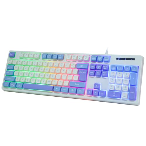 HUO JI HUOJI ゲーミングキーボード USB有線 メカニカル風 メンブレン式 フルサイズ テンキー付き 英語配列 RGBバックライト 防水設計 25キーロールオーバー 5000万回耐久 フローティングキー 人間工学デザイン PC/PS5/Xbox対応 (ホワイト＆ブルー) 104WBL