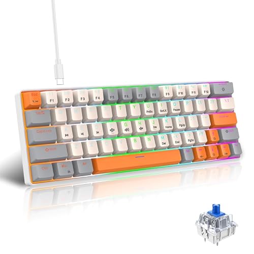 Acogedor 63キーコンパクトメカニカルキーボード、トリプルカラーダブルショットキャップ付き有線ホットスワップ対応ゲーミングボード、PC旅行用の取り外し可能なケーブル (青スイッチ グレー白オレンジ) (青スイッチ グレー白オレンジ) Aci3eb5q0pm6-12