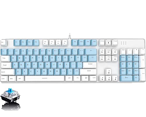 SUNCN メカニカルゲーミングキーボード ブルーLEDバックライト付き 104キーアンチゴーストブルースイッチ ホットスワップ可能 メタルパネルライトアップキーボード 人間工学設計 有線USB PC ノートパソコン Mac用 (ホワイトブルー) ss02096ccEEm