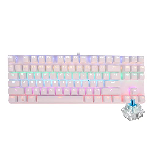SUPER DREAM メカニカルキーボード 青軸 ゲーミングキーボード 有線 キーボード 高速反応 テンキーレス コンパクト 素敵なバックライト 防水 防衝突 角度調節可能 87キー 打鍵感や打鍵音優れ 英語配列 ゲーム/タイピングに適し（白） SDWS0418-W