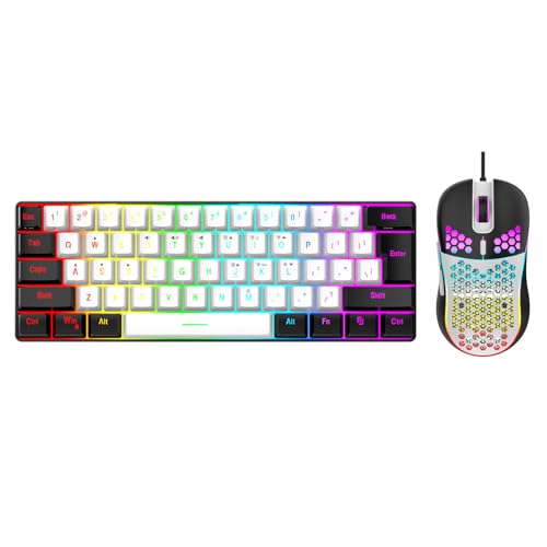 Jiawu 60% ゲーミングキーボードとマウスのコンボ、超コンパクト 61 キー RGB バックライト付きミニボード、PC ゲーム用有線照明ミング (ホワイトセンターブラックフレーム) Jiwjai961mzk-11