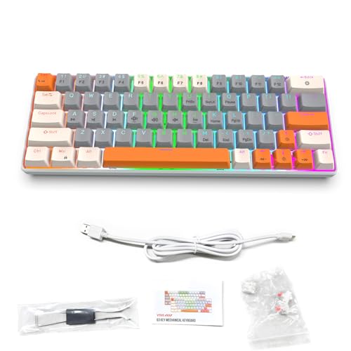 Jiawu 有線キーボード、63キーコンパクトメカニカルボード、静音、バックライト付きホットスワップ対応ゲーミング、デスクトップ、ノートパソコン、PC対応、プラグアンドプレイ (赤いスイッチ、白い灰色のオレンジ) Jivy9fda5lhc-11
