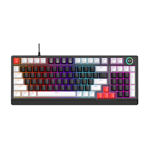 GOWENIC メカニカルゲーミングキーボード、ロータリーノブ付き98キーRGBレトロボード、1600万色のRGB照明内蔵、PCゲーム、タイピング、仕事に最適 (グレーブラックレッド) GOcmw0ylfuop-12