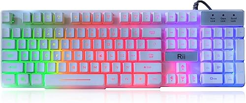 Rii RK100+ ホワイト ゲーミングキーボード USB有線 複数色 レインボー LED バックライト 大型 機械感 超薄型 マルチメディア オフィスキーボード ノンスリップ プライマーゲームや仕事用 オフィスデバイス用